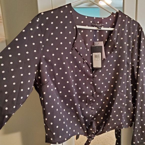Silky Polka Dot Tie Front Blouse - Picture 2 of 6